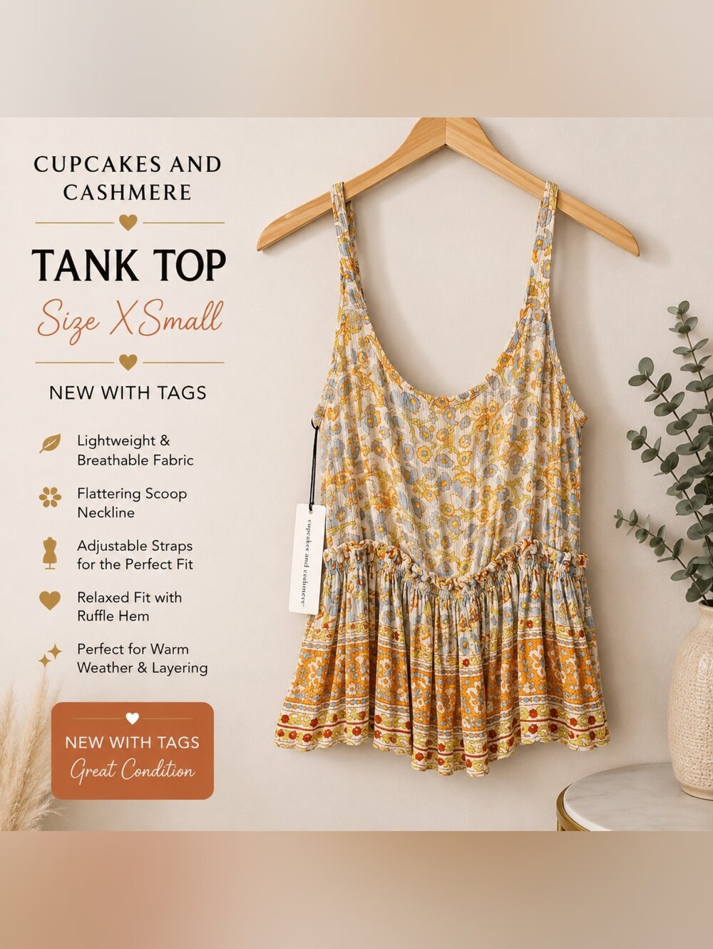cupcakes & cashmere Yellow Floral Ruffled Scoop Tank Top